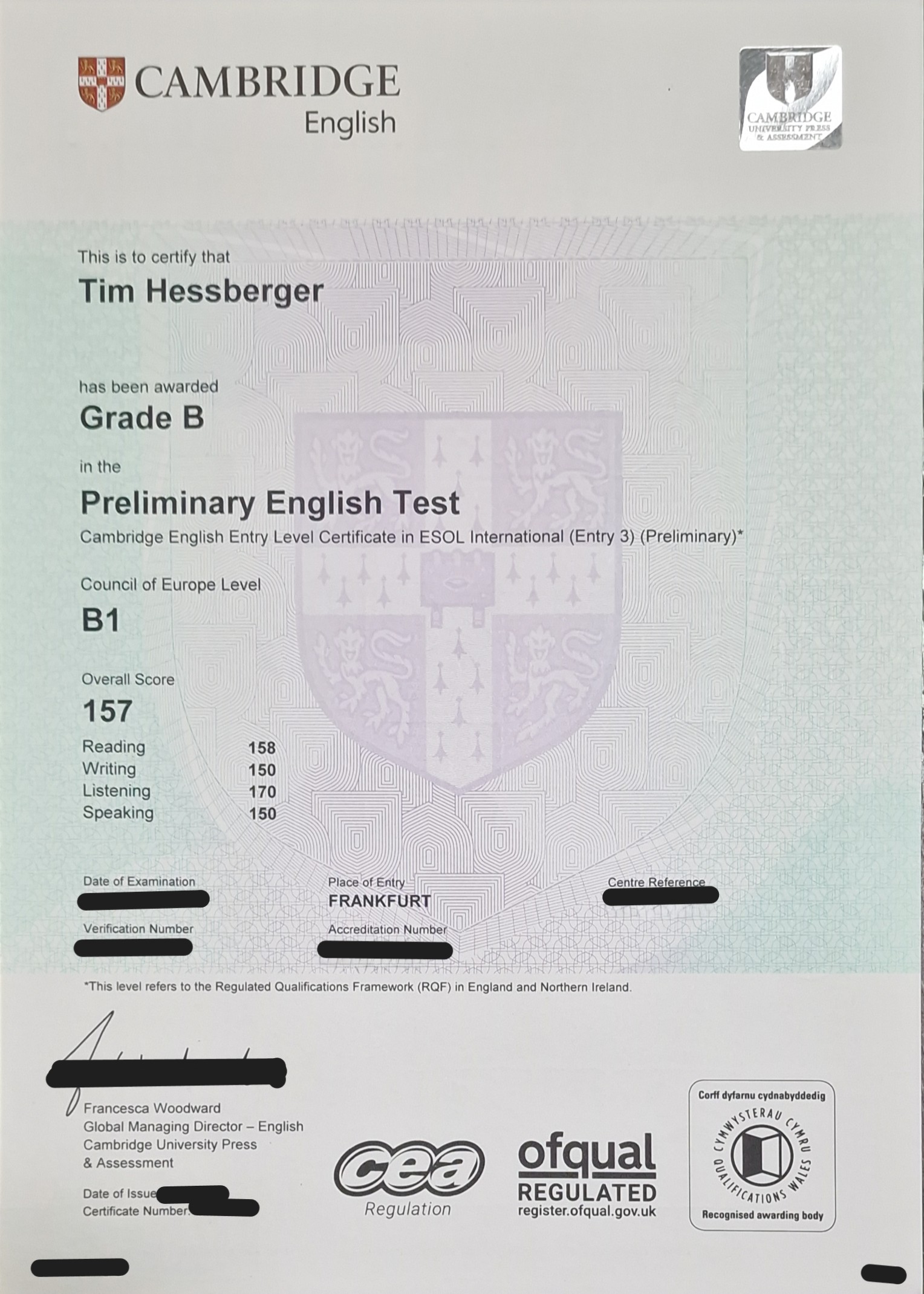 Zertifikat für Cambridge English Certificate
