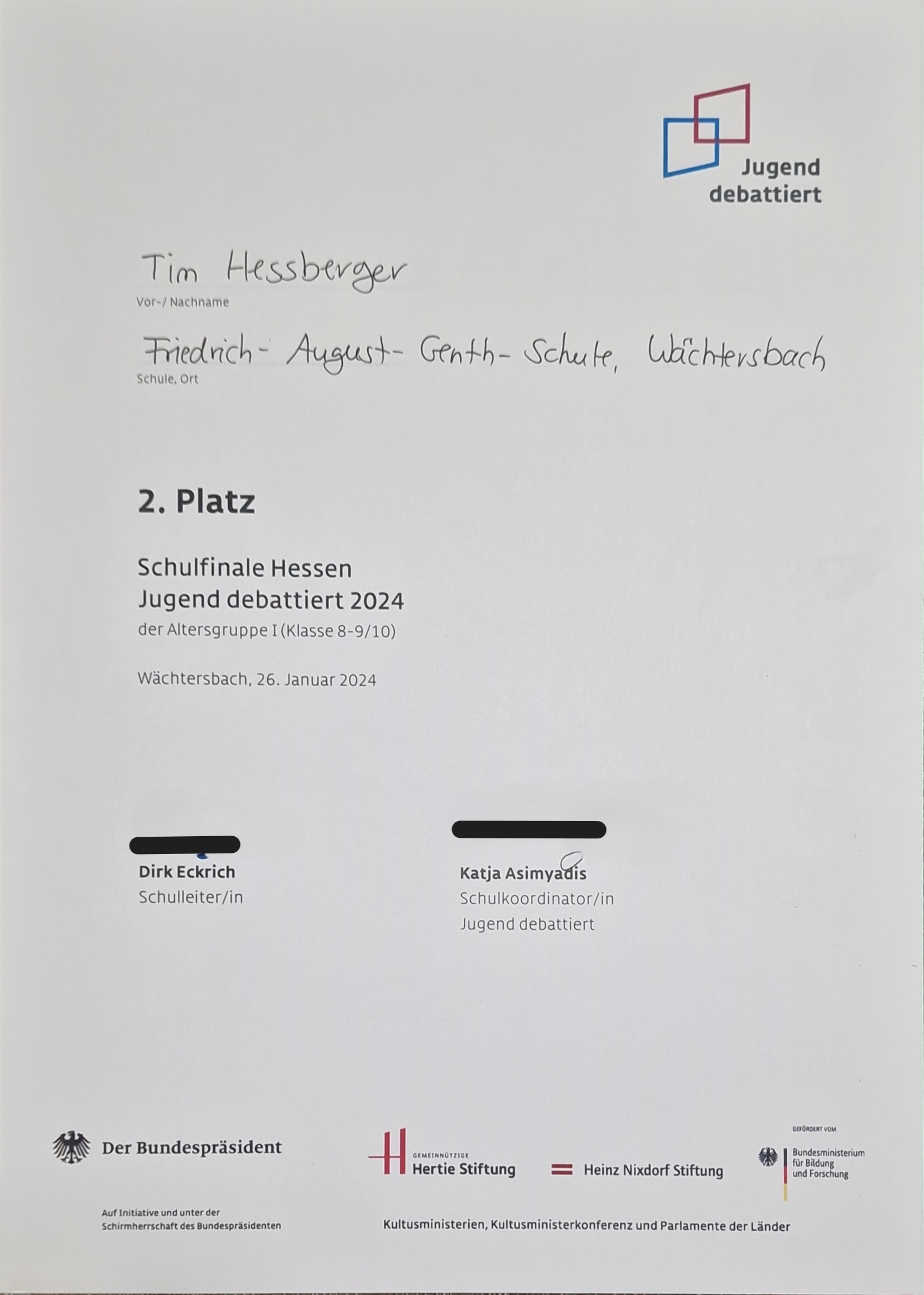 Zertifikat für 2. Platz im Schulfinale Jugend debattiert