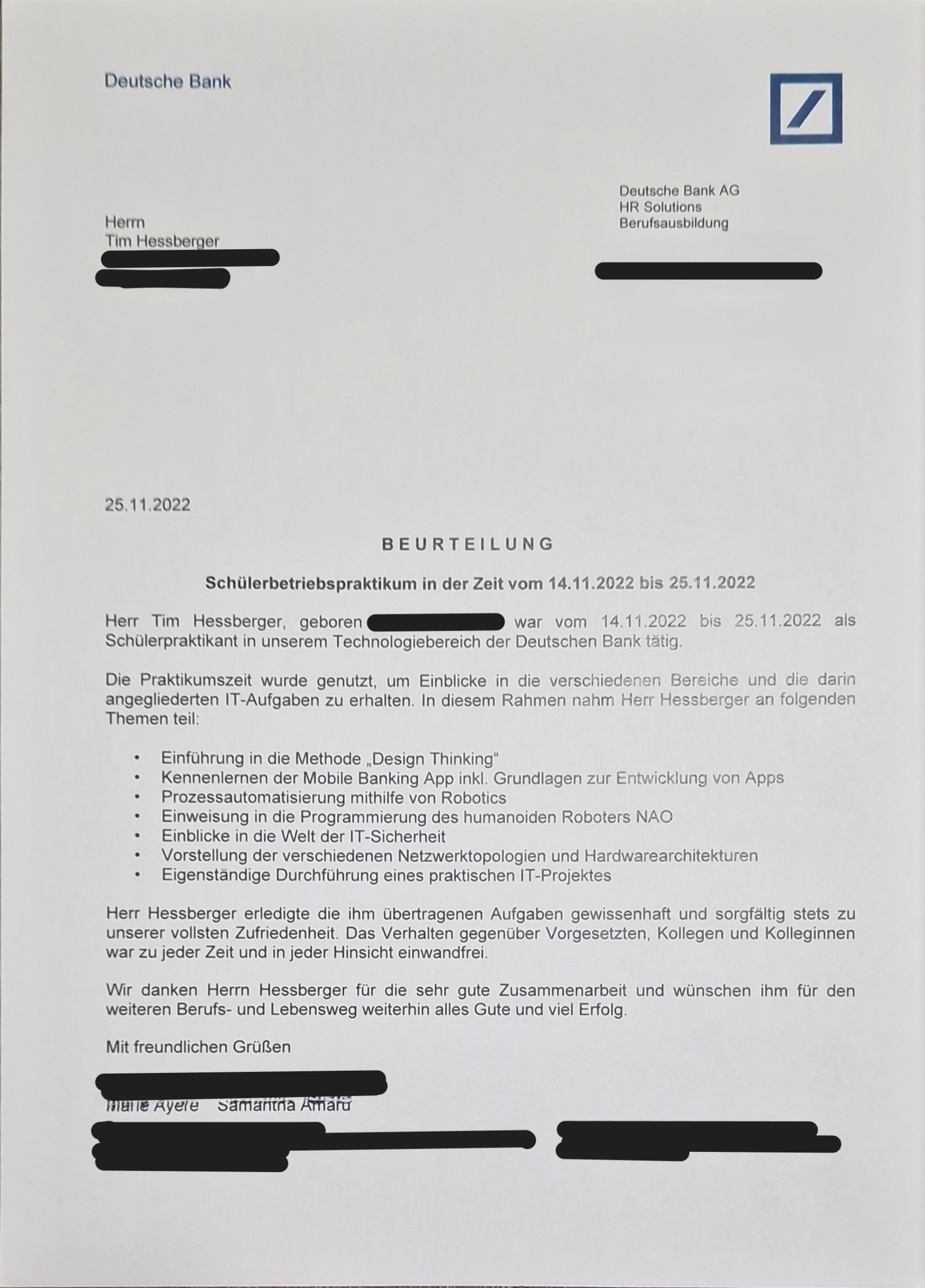 Zertifikat für Schülerpraktikum bei der Deutschen Bank